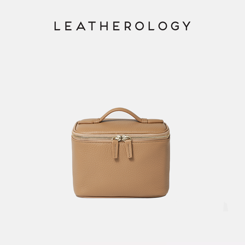 Genuine Leather Cosmetic Bag with Handheld Handle