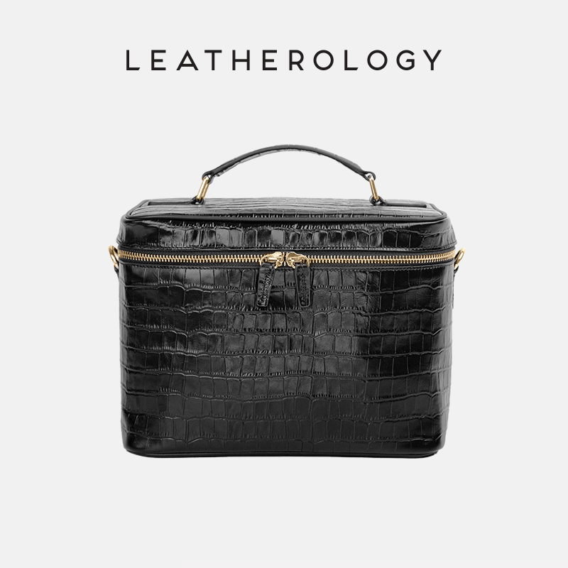 Genuine Leather Cosmetic Bag with Handheld Handle