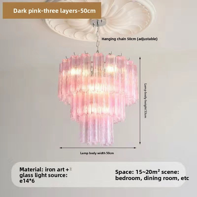 French Style Pink Glass Chandelier with Multi Layer Design