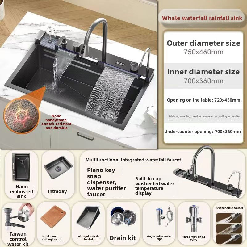 Smart Kitchen Sink With Digital Display,Nano  Stainless Steel Kitchen Sink With Flying Rain, Pull-Out Faucet, Pressurized Cup Washer