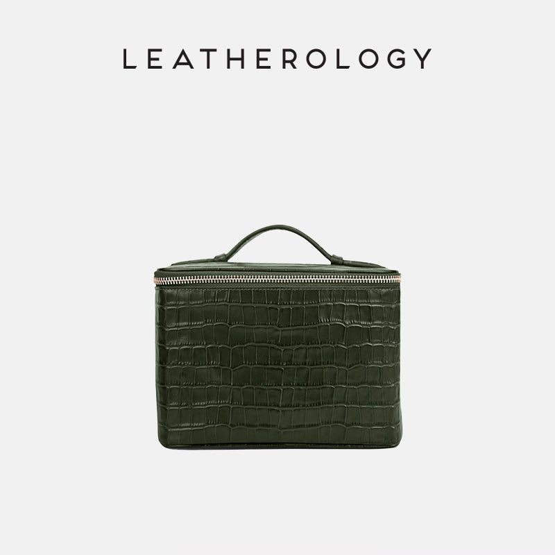 Genuine Leather Cosmetic Bag with Handheld Handle