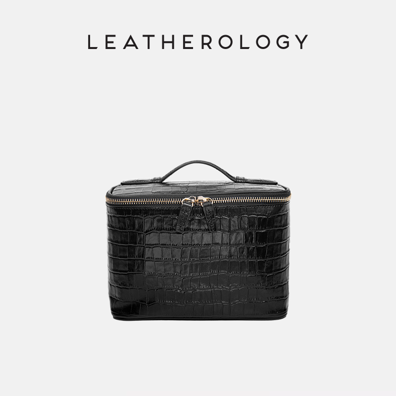 Genuine Leather Cosmetic Bag with Handheld Handle