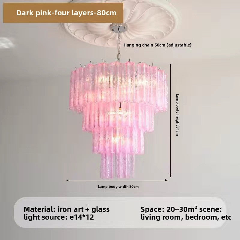 French Style Pink Glass Chandelier with Multi Layer Design