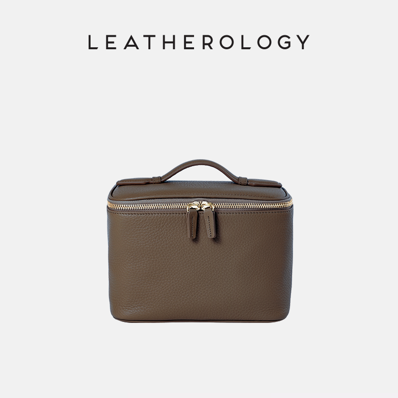 Genuine Leather Cosmetic Bag with Handheld Handle