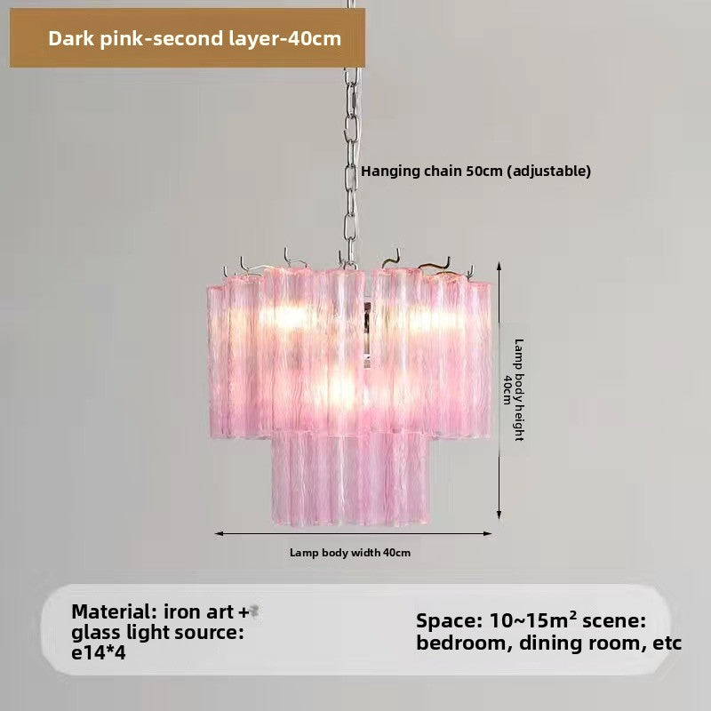 French Style Pink Glass Chandelier with Multi Layer Design