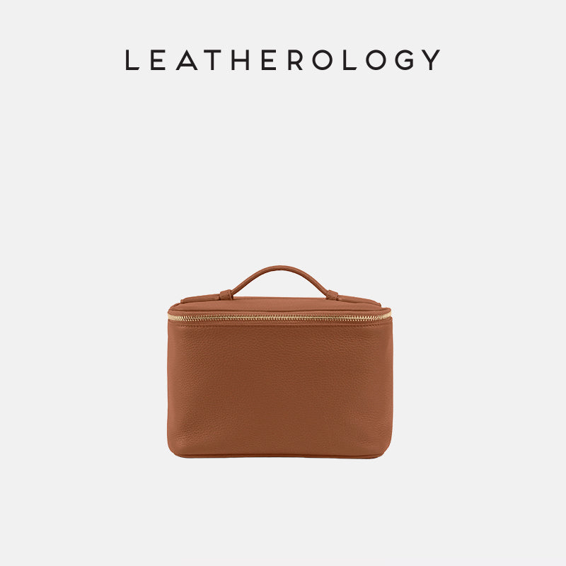 Genuine Leather Cosmetic Bag with Handheld Handle