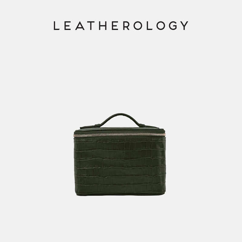 Genuine Leather Cosmetic Bag with Handheld Handle