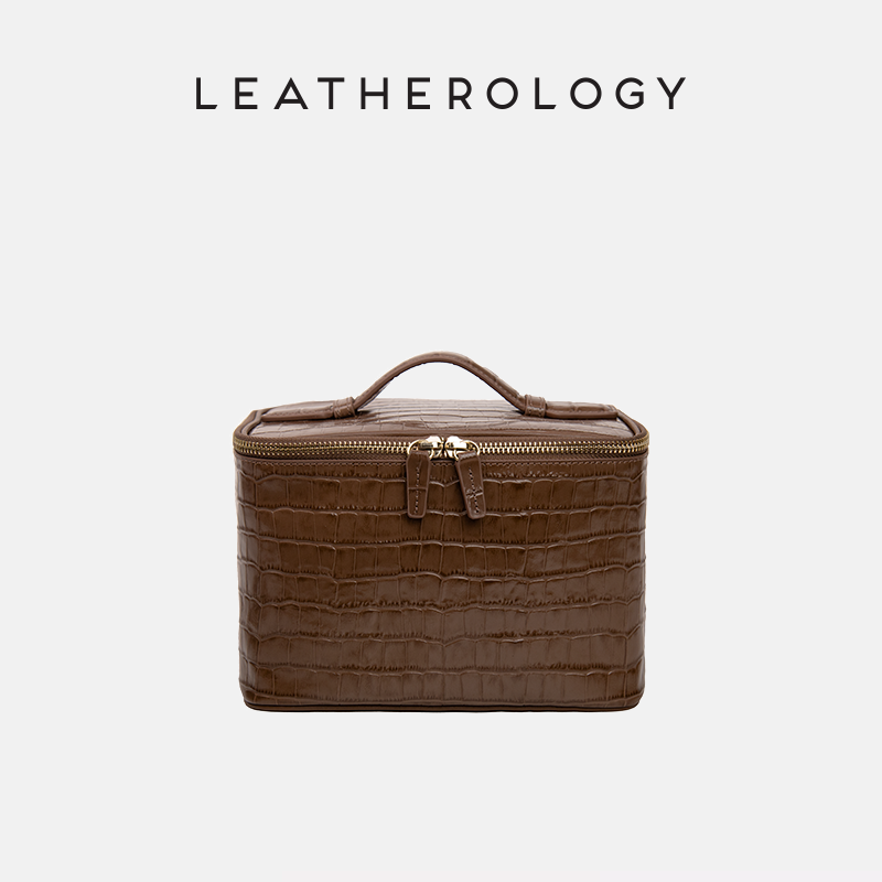Genuine Leather Cosmetic Bag with Handheld Handle