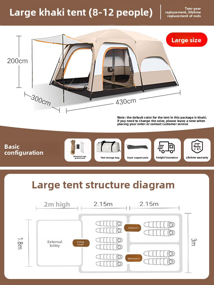 Foldable Waterproof Camping Tent with Two Bedrooms