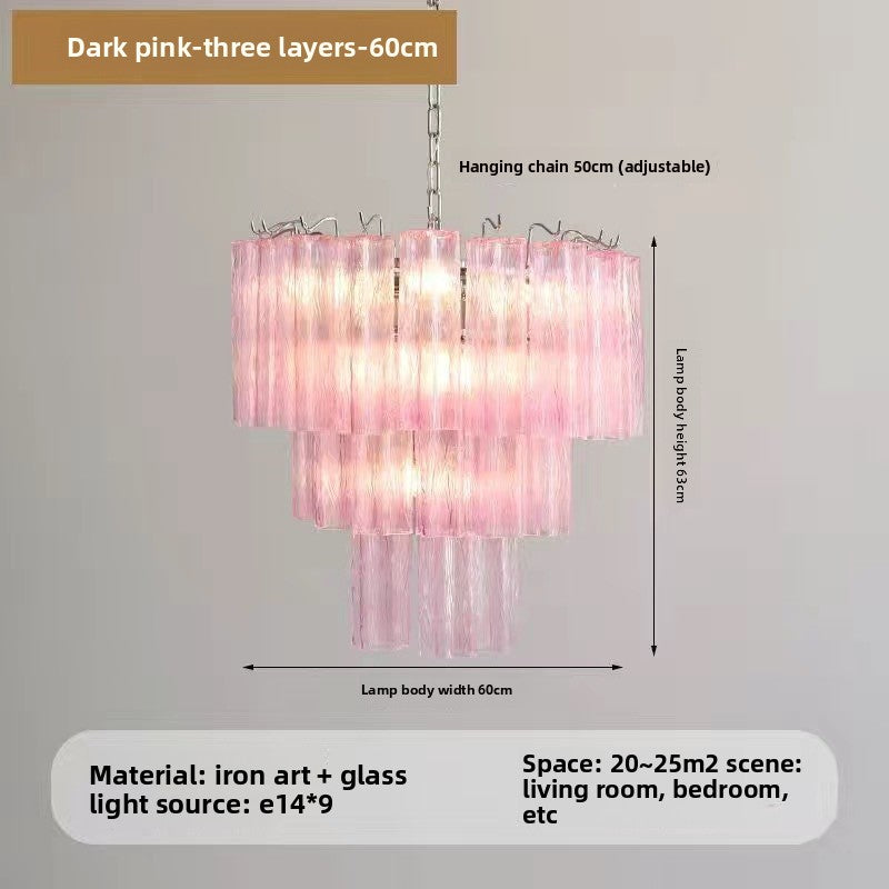 French Style Pink Glass Chandelier with Multi Layer Design