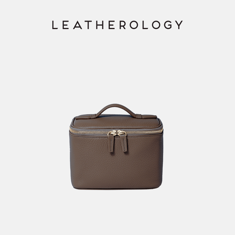 Genuine Leather Cosmetic Bag with Handheld Handle