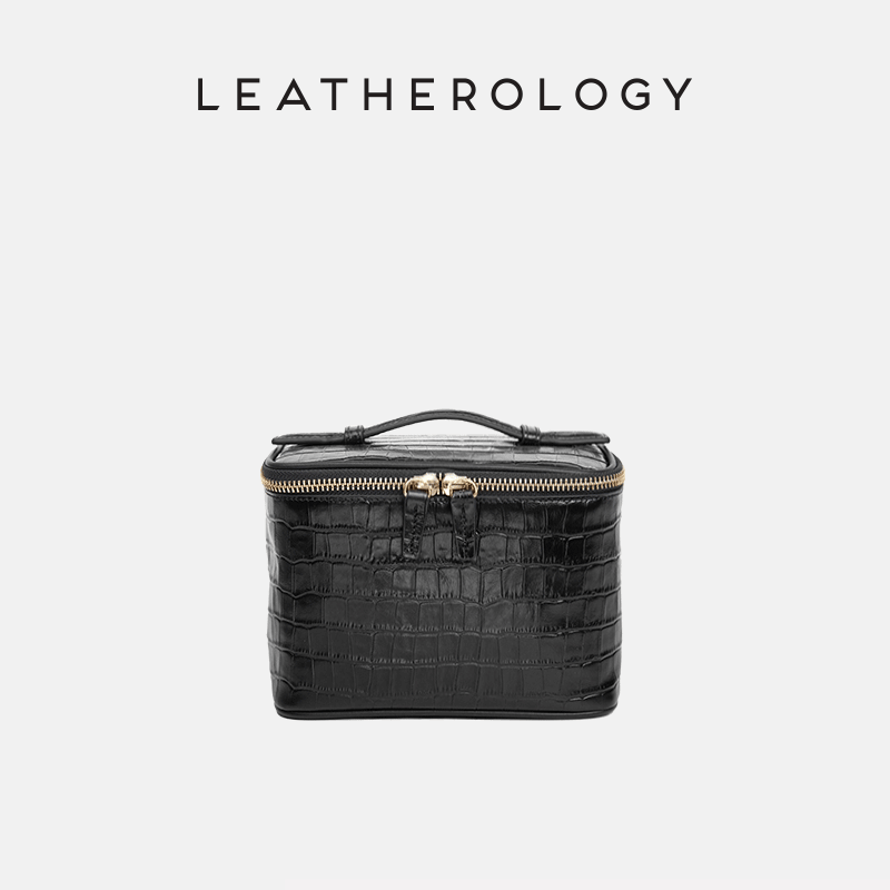 Genuine Leather Cosmetic Bag with Handheld Handle