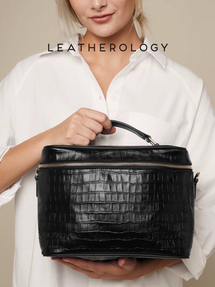 Genuine Leather Cosmetic Bag with Handheld Handle