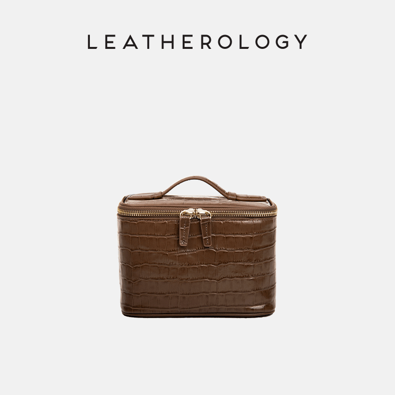 Genuine Leather Cosmetic Bag with Handheld Handle