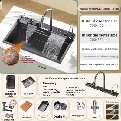 Smart Kitchen Sink With Digital Display,Nano  Stainless Steel Kitchen Sink With Flying Rain, Pull-Out Faucet, Pressurized Cup Washer