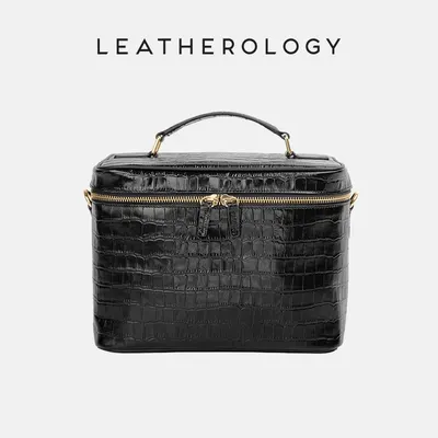 Genuine Leather Cosmetic Bag with Handheld Handle
