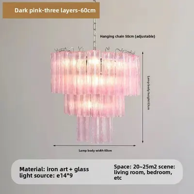 French Style Pink Glass Chandelier with Multi Layer Design