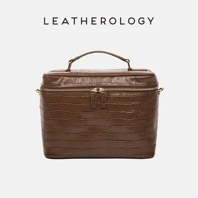 Genuine Leather Cosmetic Bag with Handheld Handle