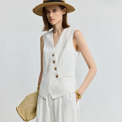 An irregular V-neck casual white vest with a breathable linen design