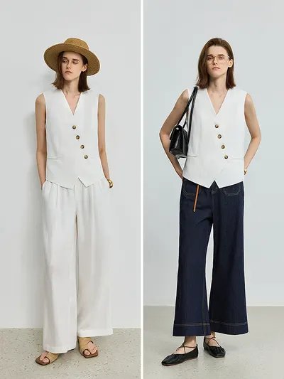 An irregular V-neck casual white vest with a breathable linen design