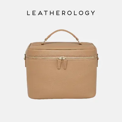 Genuine Leather Cosmetic Bag with Handheld Handle