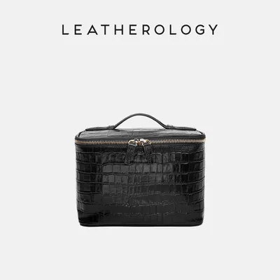 Genuine Leather Cosmetic Bag with Handheld Handle