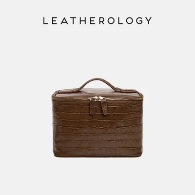 Genuine Leather Cosmetic Bag with Handheld Handle