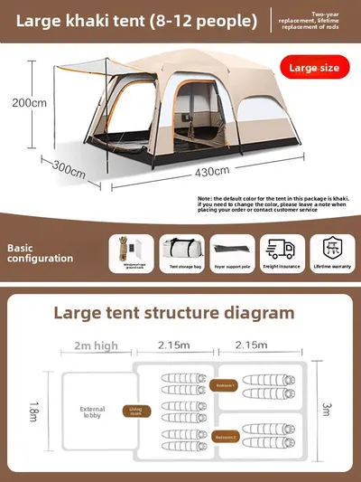 Foldable Waterproof Camping Tent with Two Bedrooms