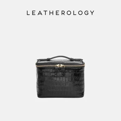 Genuine Leather Cosmetic Bag with Handheld Handle