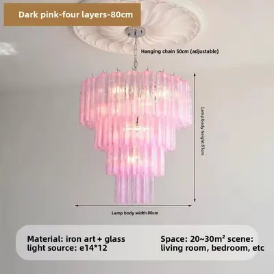 French Style Pink Glass Chandelier with Multi Layer Design